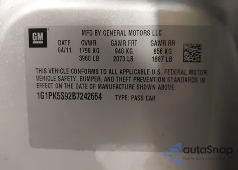 2011 Chevrolet Cruze Eco z USA, uszkodzony, nr VIN 1G1PK5S92B7242664